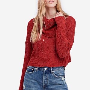 Free People Shades of Dawn Red Cowl Neck Slouchy Cable Knit Sweater Medium